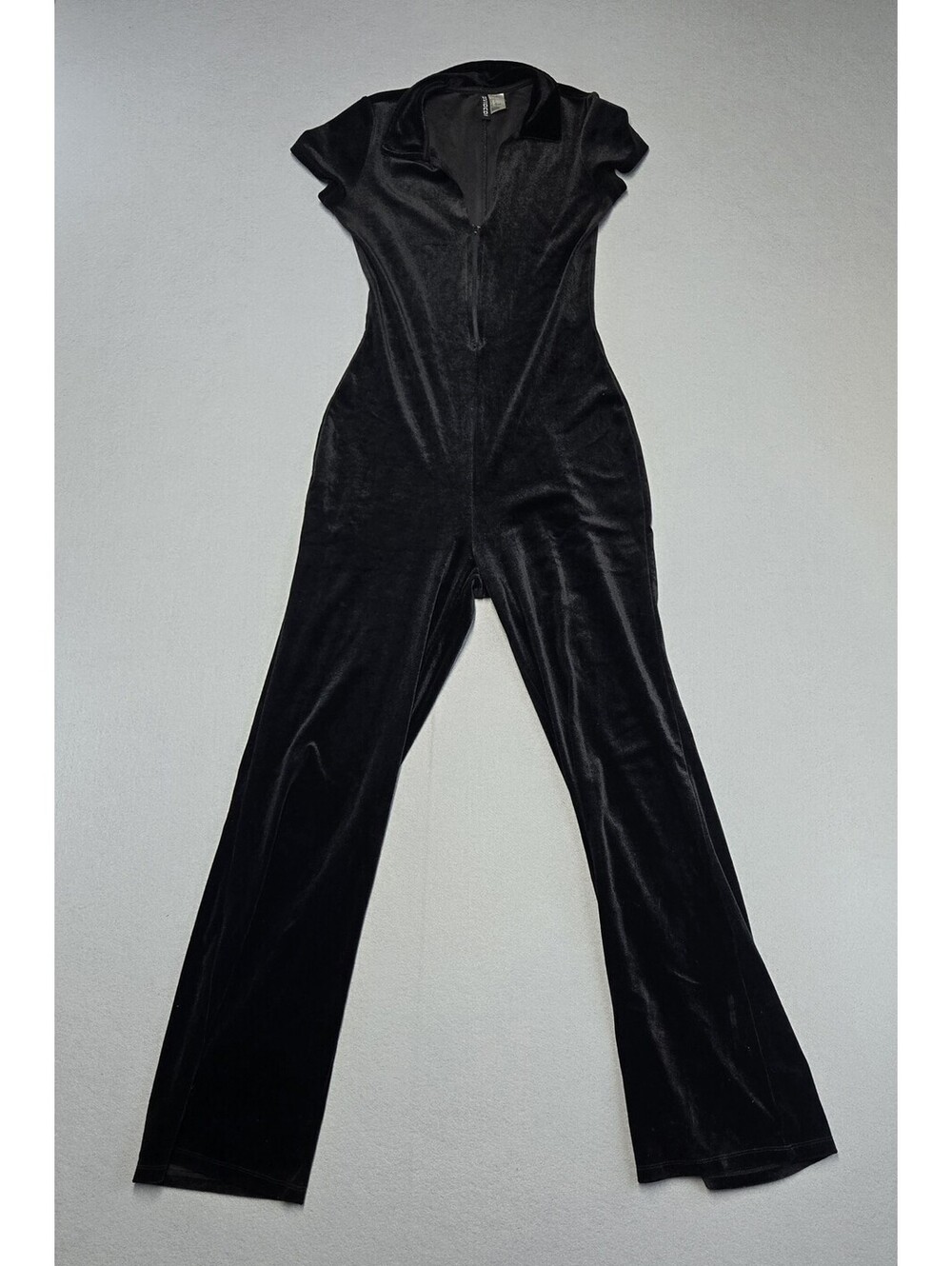 H&M Divided Velvet Zip Flared Jumpsuit Womens S Black Polyester Elastane NWOT